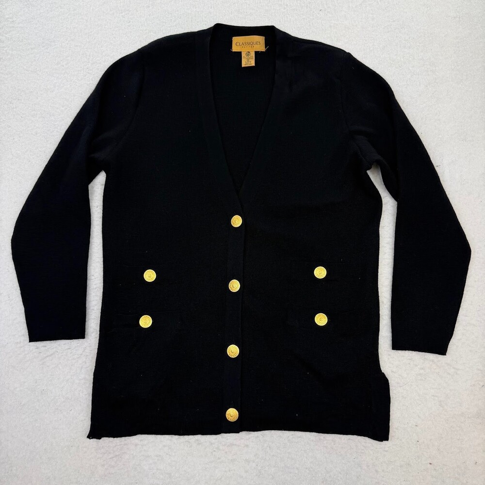 Vintage Black Wool Cardigan Women's Gold Crest Button V-Neck Knit Long Sleeve S